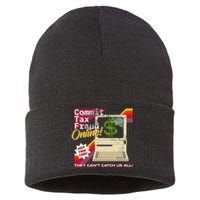 Funny Commit Tax Fraud Online! Distressed Retro Video Game Box Art Sustainable Knit Beanie