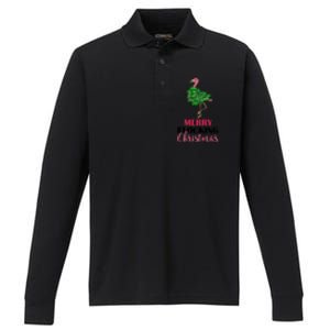 Flamingo Christmas Tree Merry Flocking Christmas Funny Pun Gift Performance Long Sleeve Polo