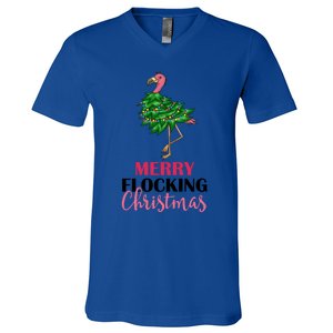 Flamingo Christmas Tree Merry Flocking Christmas Funny Pun Gift V-Neck T-Shirt