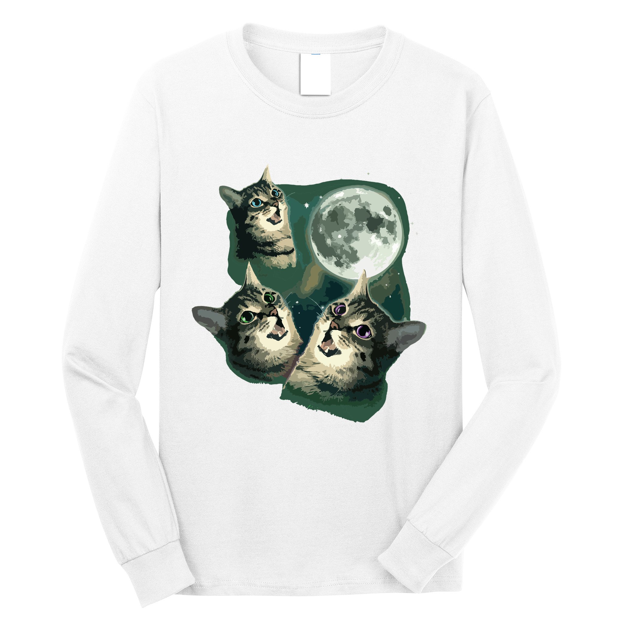 Funny Cat Three Cat Moon 3 Wolfs Cute Kitten Graphic Long Sleeve Shirt
