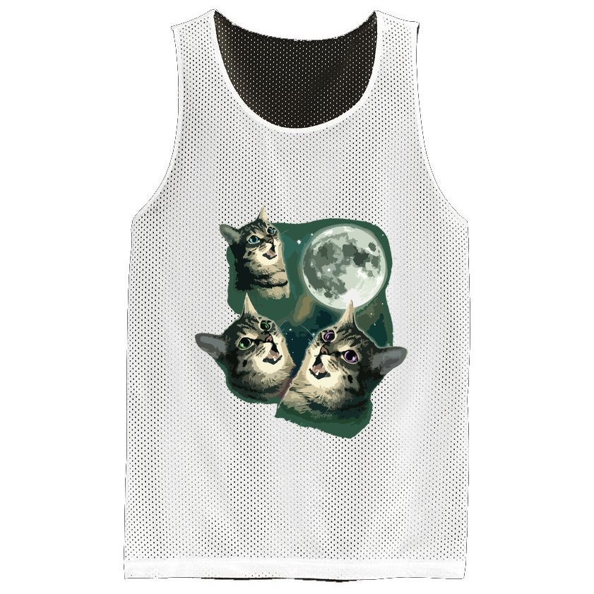Funny Cat Three Cat Moon 3 Wolfs Cute Kitten Graphic Mesh Reversible Basketball Jersey Tank