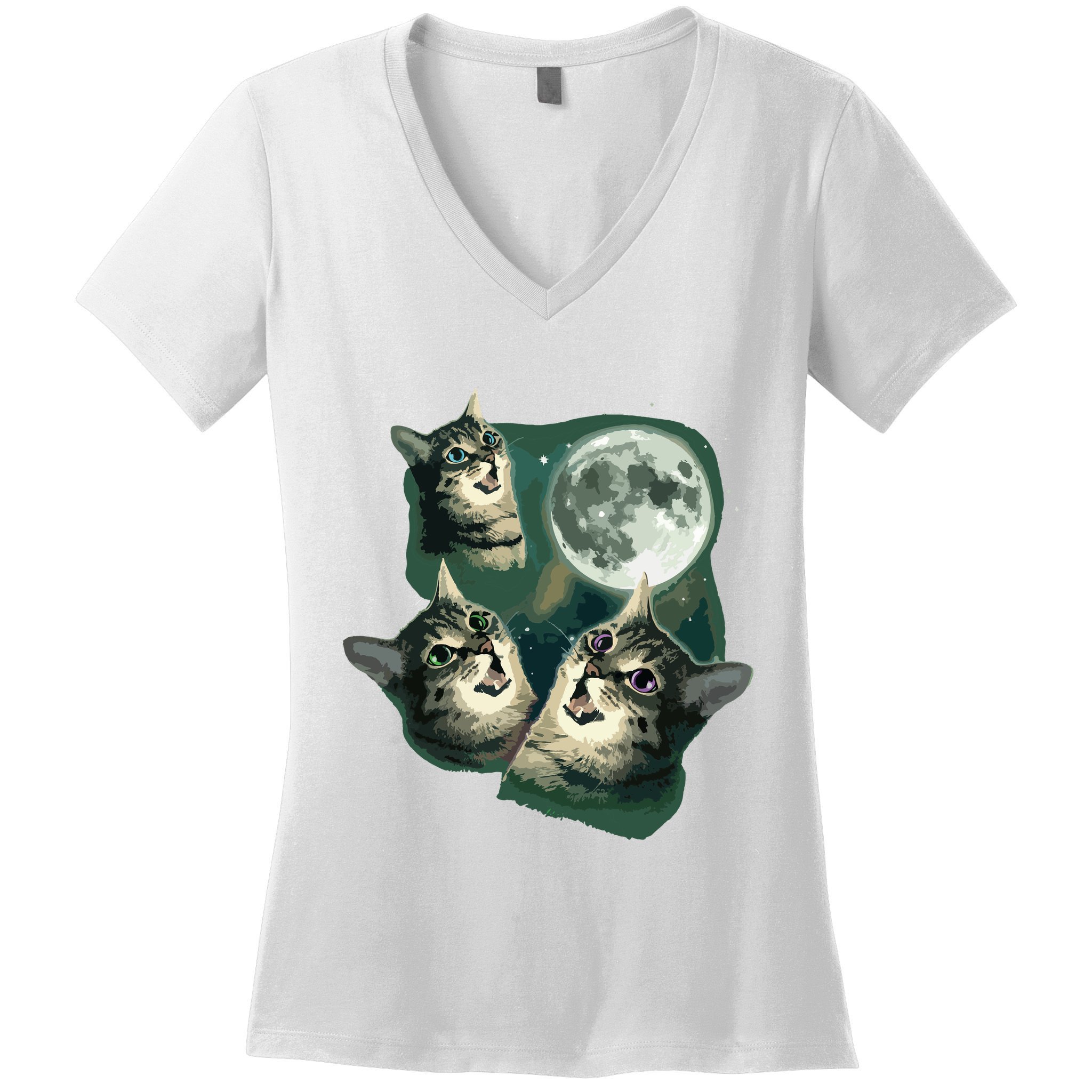 Funny Cat Three Cat Moon 3 Wolfs Cute Kitten Graphic Women's V-Neck T-Shirt
