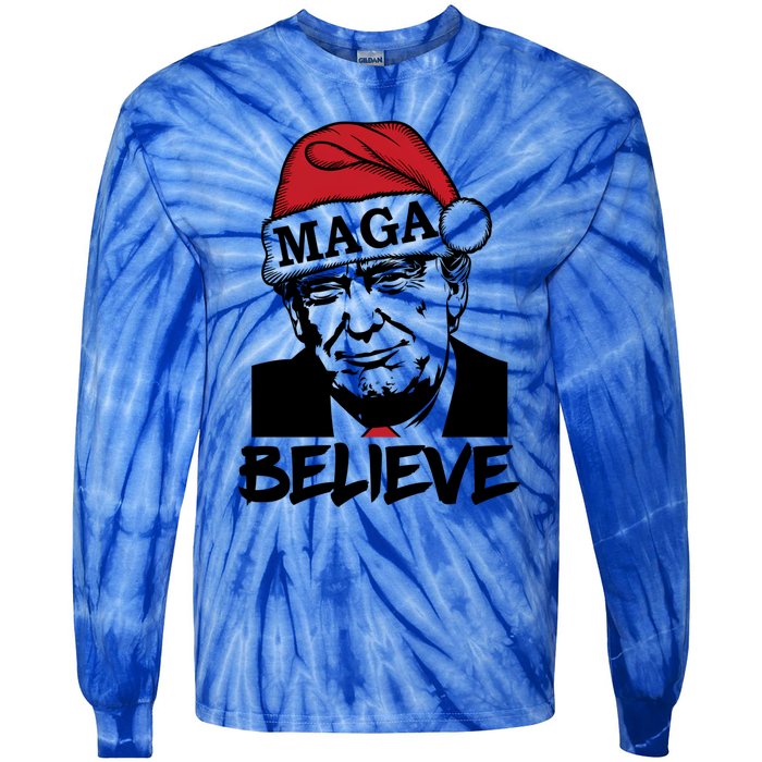 Funny Christmas Trump 2024 Maga Trump Wearing Maga Santa Hat Meaningful Gift Tie-Dye Long Sleeve Shirt