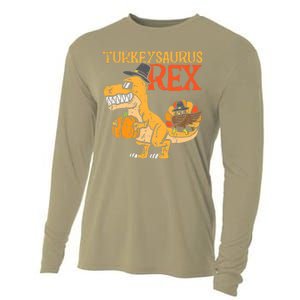 Funny Cute Turkeysaurus Rex Dab Turkey Dino Toddler Boys Thanksgiving Cooling Performance Long Sleeve Crew