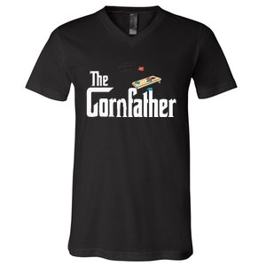 Funny Cornhole The Cornfather Funny Fathers V-Neck T-Shirt