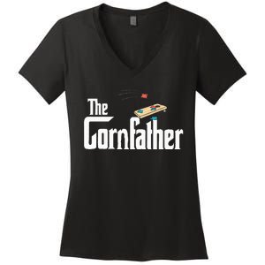 Funny Cornhole The Cornfather Funny Fathers Women's V-Neck T-Shirt