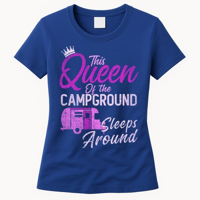 Funny Camper This Queen Of Campground Sleeps Around Cute Gift Womens T-Shirt