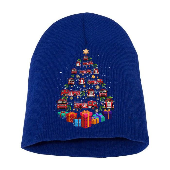 Firetruck Christmas Tree Funny Holiday Gift For Firefighters Cool Gift Short Acrylic Beanie