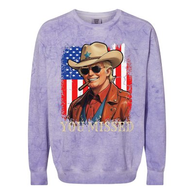 Funny Cowboy Trump 2024 You Missed Western Usa Flag Vintage Colorblast Crewneck Sweatshirt