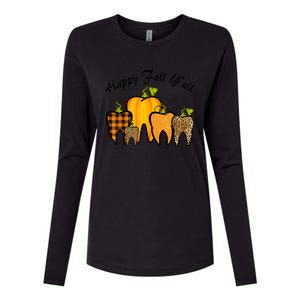 Funny Cute Thanksgiving Happy Fall Y'all Tooth Pumpkin Autumn Womens Cotton Relaxed Long Sleeve T-Shirt