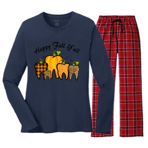 Funny Cute Thanksgiving Happy Fall Y'all Tooth Pumpkin Autumn Women's Long Sleeve Flannel Pajama Set 