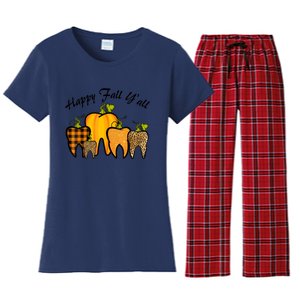 Funny Cute Thanksgiving Happy Fall Y'all Tooth Pumpkin Autumn Women's Flannel Pajama Set