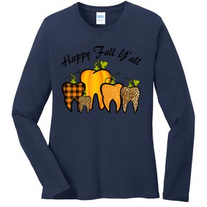 Funny Cute Thanksgiving Happy Fall Y'all Tooth Pumpkin Autumn Ladies Long Sleeve Shirt