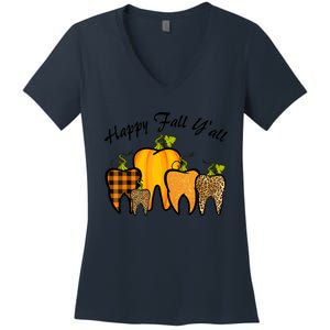 Funny Cute Thanksgiving Happy Fall Y'all Tooth Pumpkin Autumn Women's V-Neck T-Shirt