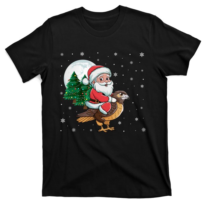 Funny Christmas Tree Lights Santa Claus Riding Hawk T-Shirt