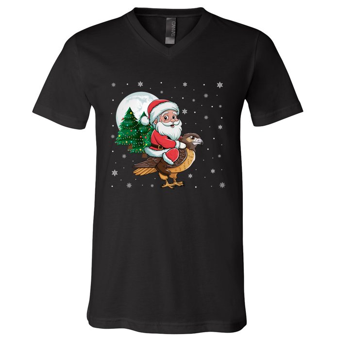 Funny Christmas Tree Lights Santa Claus Riding Hawk V-Neck T-Shirt