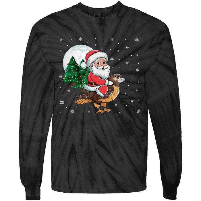 Funny Christmas Tree Lights Santa Claus Riding Hawk Tie-Dye Long Sleeve Shirt