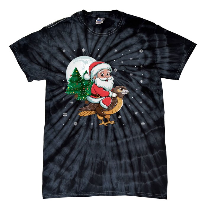 Funny Christmas Tree Lights Santa Claus Riding Hawk Tie-Dye T-Shirt