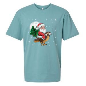 Funny Christmas Tree Lights Santa Claus Riding Hawk Sueded Cloud Jersey T-Shirt