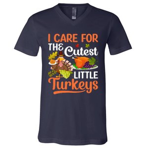 Funny Cute Thanksgiving I Care For The St Little Turkeys V-Neck T-Shirt