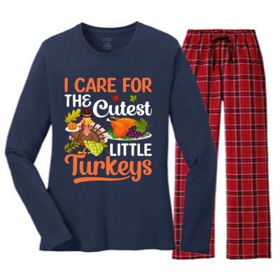 Funny Cute Thanksgiving I Care For The St Little Turkeys Women's Long Sleeve Flannel Pajama Set 