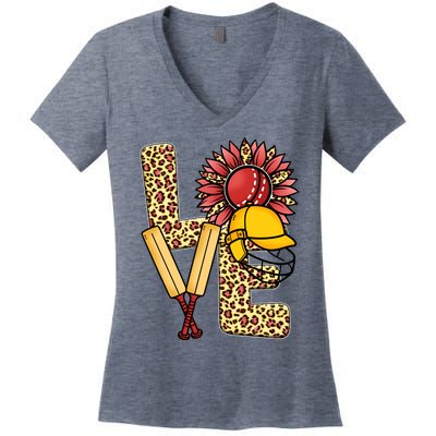 Funny Cricket T Shirts Plus Size, Love Cricket Leopard Sunflower Sports Ball Women's V-Neck T-Shirt