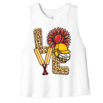 Funny Cricket T Shirts Plus Size, Love Cricket Leopard Sunflower Sports Ball Women's Racerback Cropped Tank