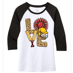 Funny Cricket T Shirts Plus Size, Love Cricket Leopard Sunflower Sports Ball Women's Tri-Blend 3/4-Sleeve Raglan Shirt