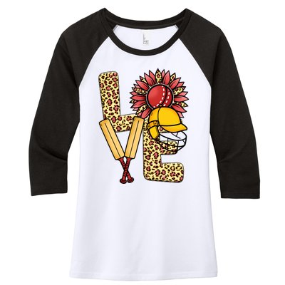 Funny Cricket T Shirts Plus Size, Love Cricket Leopard Sunflower Sports Ball Women's Tri-Blend 3/4-Sleeve Raglan Shirt