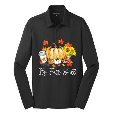 Funny Cute Thanksgiving It's Fall Yall Pumpkin Leopard Autumn Silk Touch Performance Long Sleeve Polo