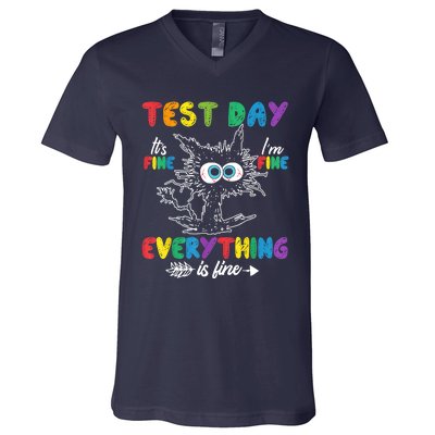 Funny Cat Test Day It's Fine I'm Fine Everything Is Fine V-Neck T-Shirt