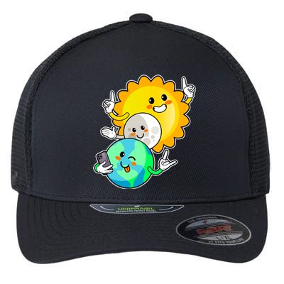 Funny Cute Total Solar Eclipse Earth Moon Sun Selfie Flexfit Unipanel Trucker Cap