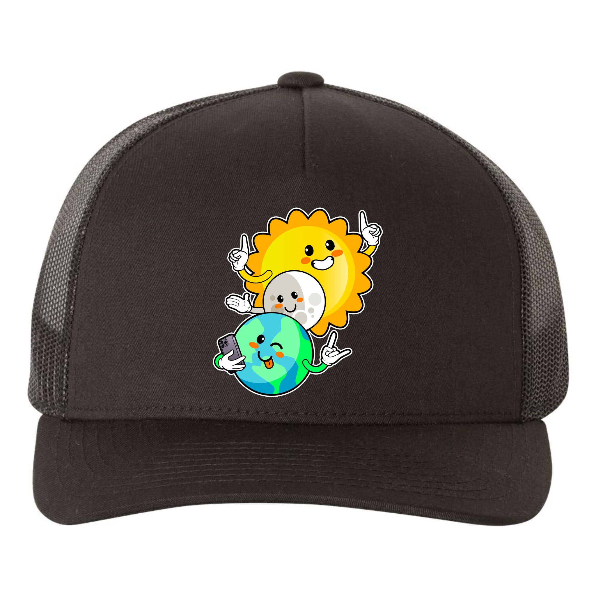 Funny Cute Total Solar Eclipse Earth Moon Sun Selfie Yupoong Adult 5-Panel Trucker Hat