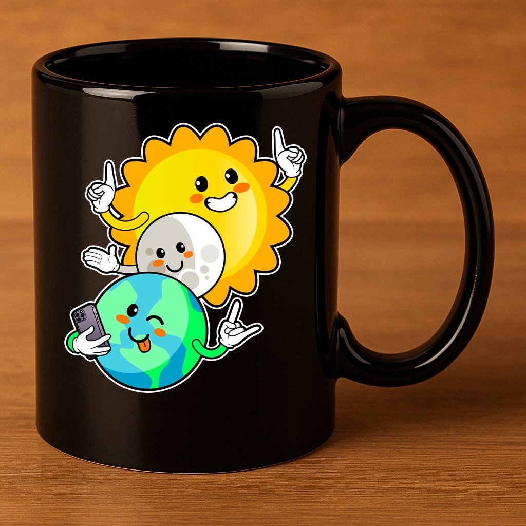 Funny Cute Total Solar Eclipse Earth Moon Sun Selfie 11oz C Handle Ceramic Mug