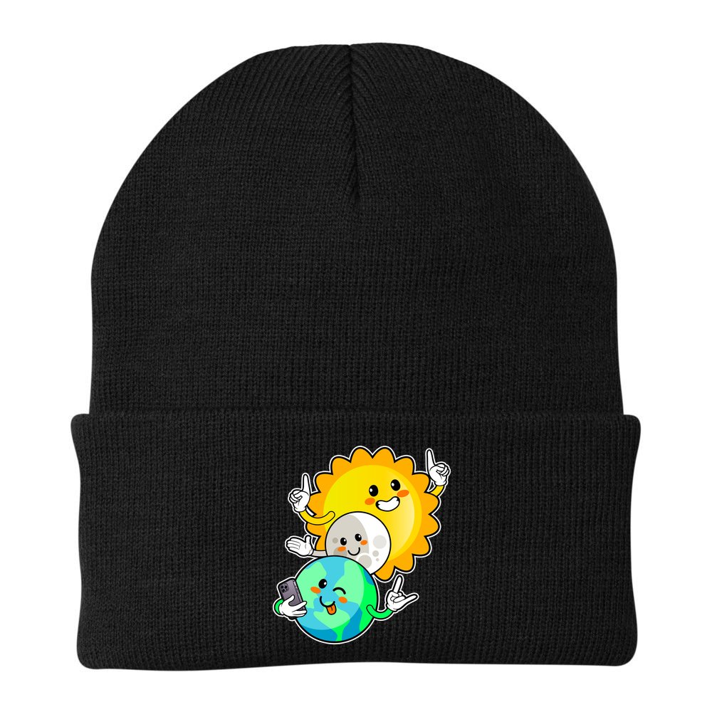 Funny Cute Total Solar Eclipse Earth Moon Sun Selfie Beanie