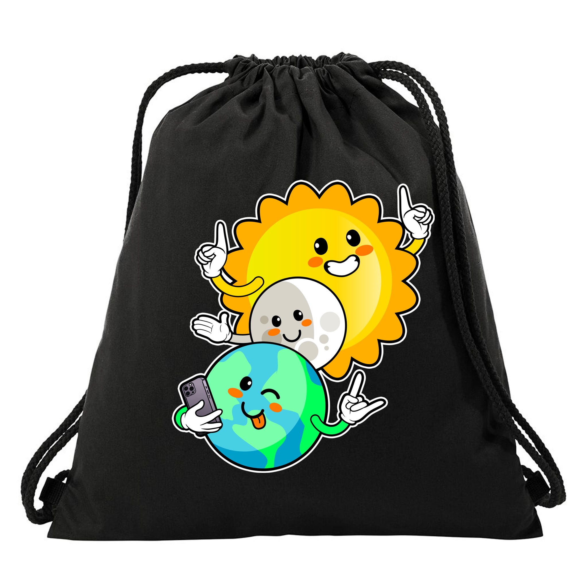 Funny Cute Total Solar Eclipse Earth Moon Sun Selfie Drawstring Bag