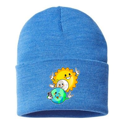 Funny Cute Total Solar Eclipse Earth Moon Sun Selfie Sustainable Knit Beanie