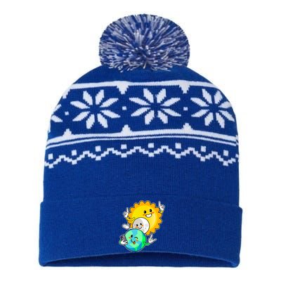 Funny Cute Total Solar Eclipse Earth Moon Sun Selfie USA-Made Snowflake Beanie