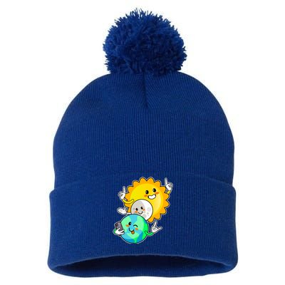 Funny Cute Total Solar Eclipse Earth Moon Sun Selfie Pom Pom 12in Knit Beanie