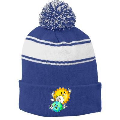 Funny Cute Total Solar Eclipse Earth Moon Sun Selfie Stripe Pom Pom Beanie