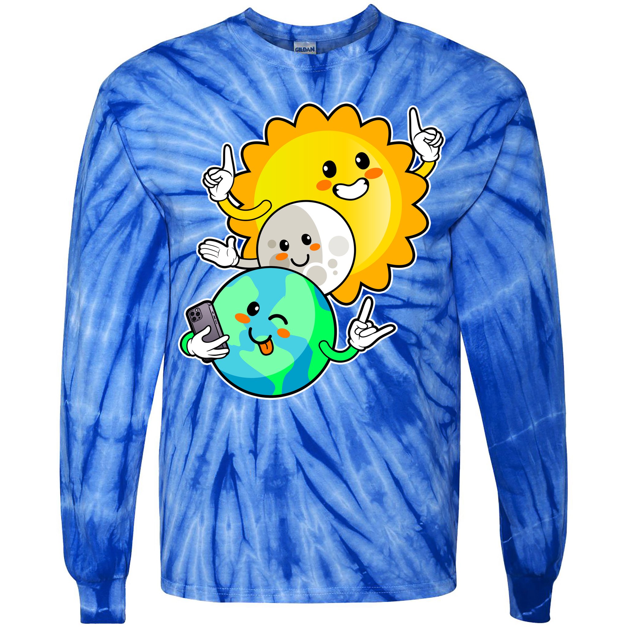 Funny Cute Total Solar Eclipse Earth Moon Sun Selfie Tie-Dye Long Sleeve Shirt