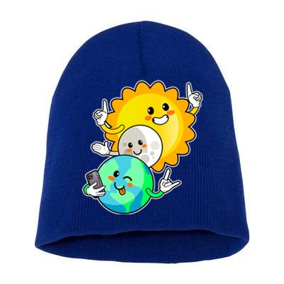 Funny Cute Total Solar Eclipse Earth Moon Sun Selfie Short Acrylic Beanie