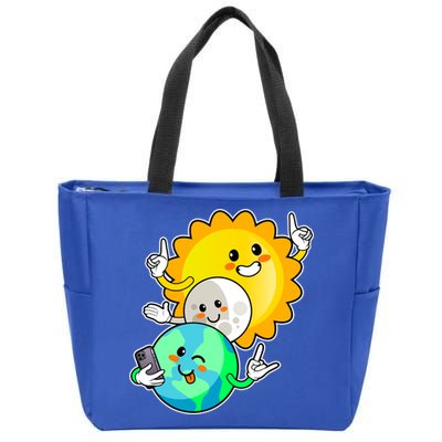 Funny Cute Total Solar Eclipse Earth Moon Sun Selfie Zip Tote Bag