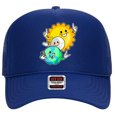 Funny Cute Total Solar Eclipse Earth Moon Sun Selfie High Crown Mesh Back Trucker Hat