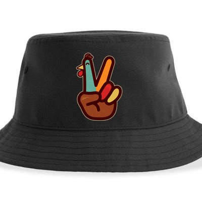 Funny Cute Thanksgiving Hand Turkey Peace Sign Sustainable Bucket Hat