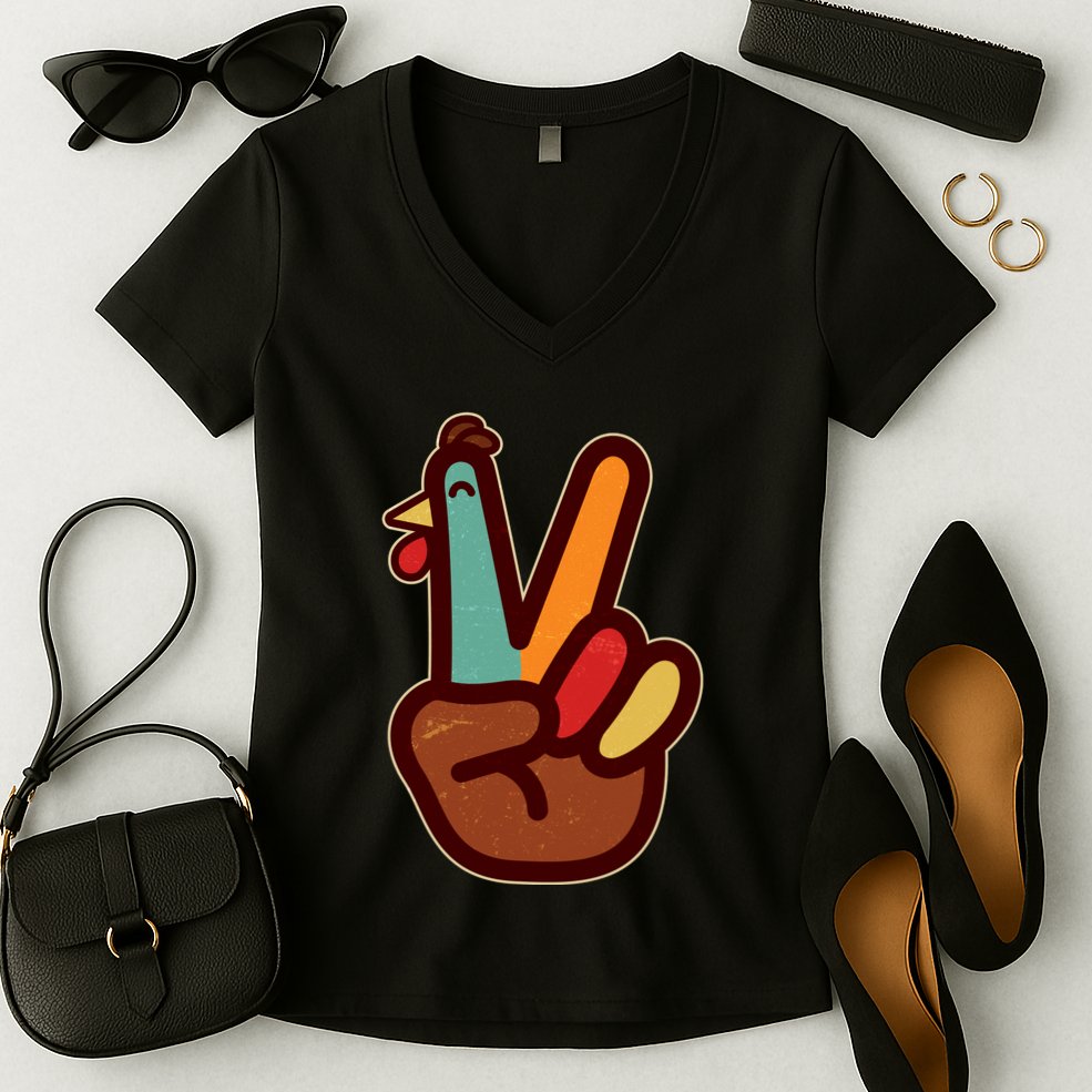Funny Cute Thanksgiving Hand Turkey Peace Sign Women's V-Neck T-Shirt