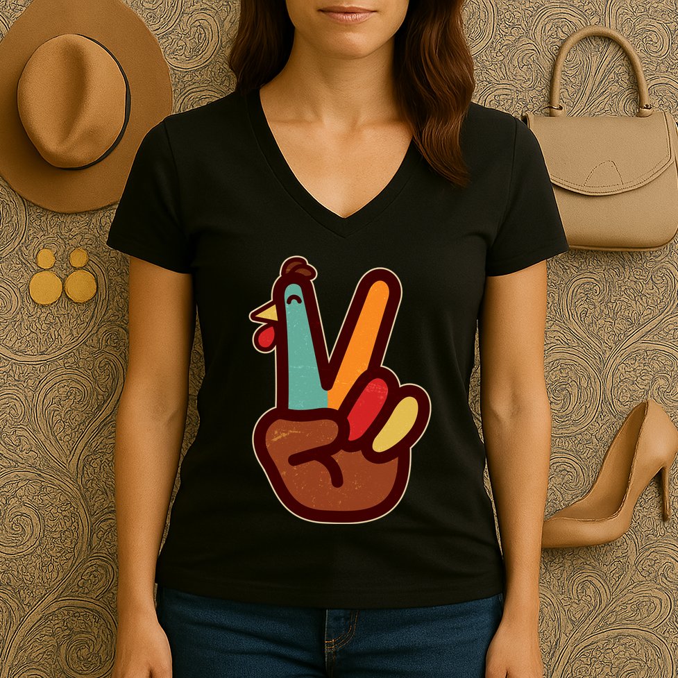 Funny Cute Thanksgiving Hand Turkey Peace Sign Women's V-Neck T-Shirt