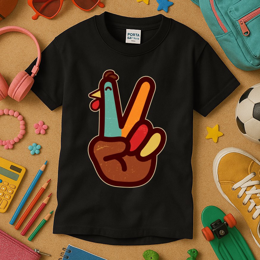 Funny Cute Thanksgiving Hand Turkey Peace Sign Kids T-Shirt
