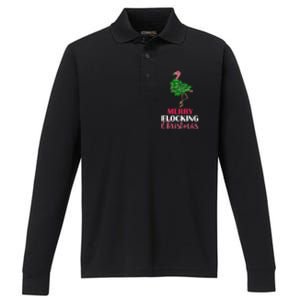 Flamingo Christmas Tree Merry Flocking Christmas Funny Pun Gift Performance Long Sleeve Polo