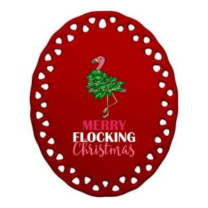 Flamingo Christmas Tree Merry Flocking Christmas Funny Pun Gift Ceramic Oval Ornament